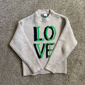 a new day Beige Sweater with Green and Black LOVE Intarsia